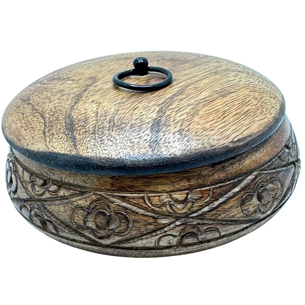 India Wooden Box With Lid & Floral Design Vintage Hand-Carved